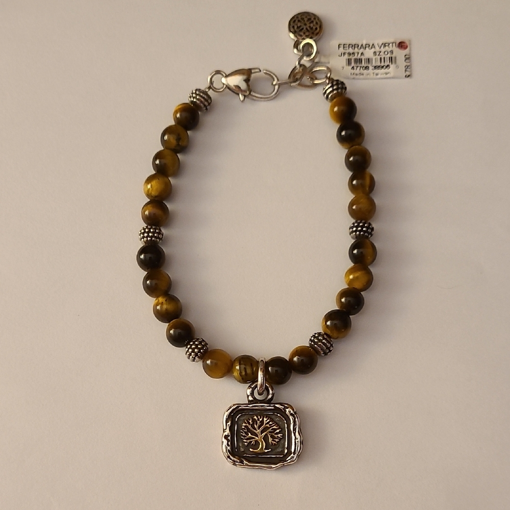 Brighton Brown Beaded Bracelet with Reversable Pendant. Gold Tree/Gold Heart